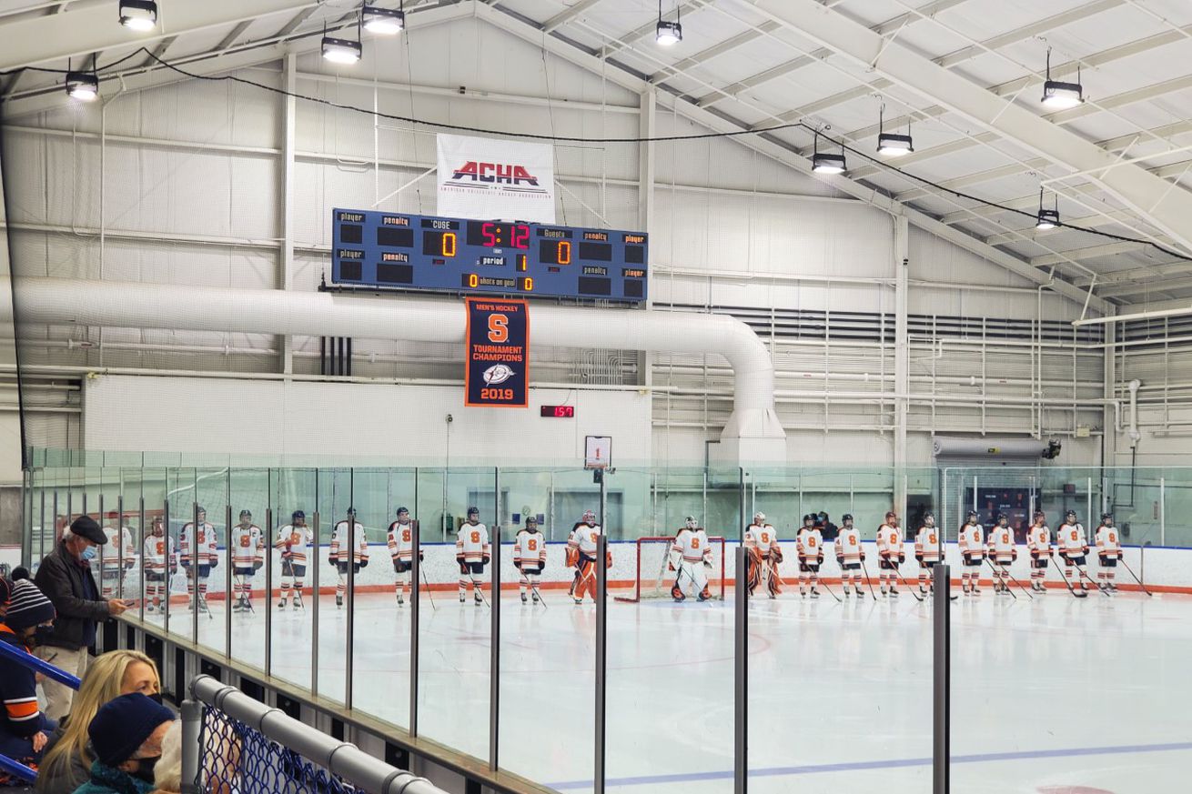 12/11/21: The Syracuse Women’s Ice Hockey Team lines up for the National Anthem prior to their game against Princeton.